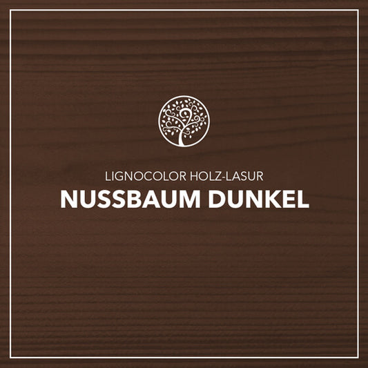 Holzlasur Nussbaum dunkel gestrichen auf einem Holzbrett.
