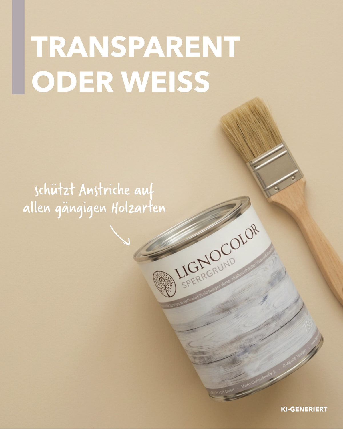 Dose Sperrgrund und ein Pinsel liegen auf einem beigefarbenen Untergrund.