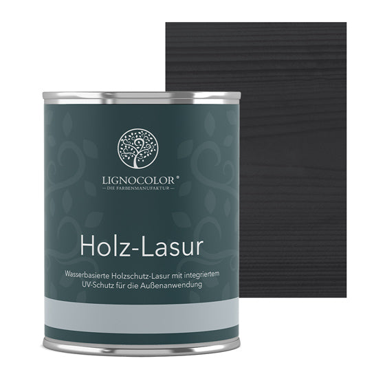 Holzlasur Anthrazit Grau  Dose mit lasiertem Brett im Hintergrund.