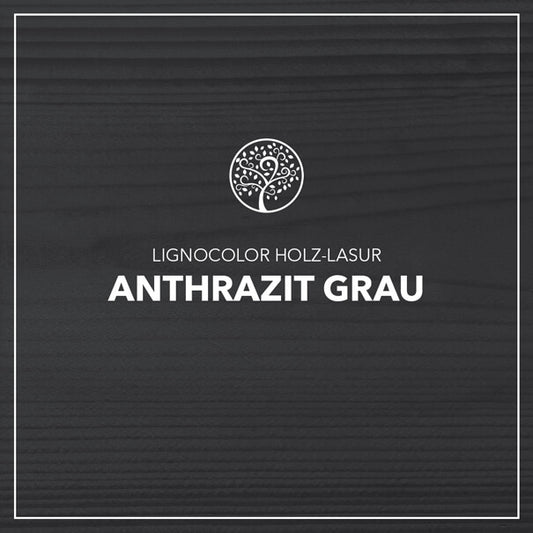 Farbton Anthrazit Grau gestrichen auf einem Holzbrett.
