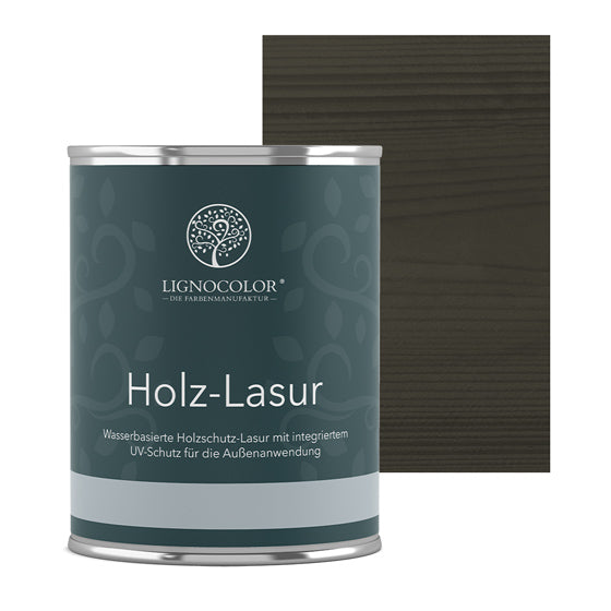 Holzlasur Basaltgrau  Dose mit lasiertem Brett im Hintergrund.