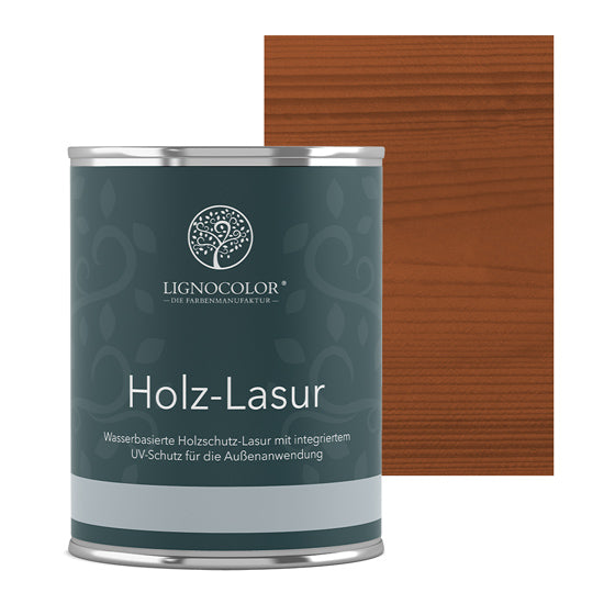 Holzlasur Braun Dose mit lasiertem Brett im Hintergrund.