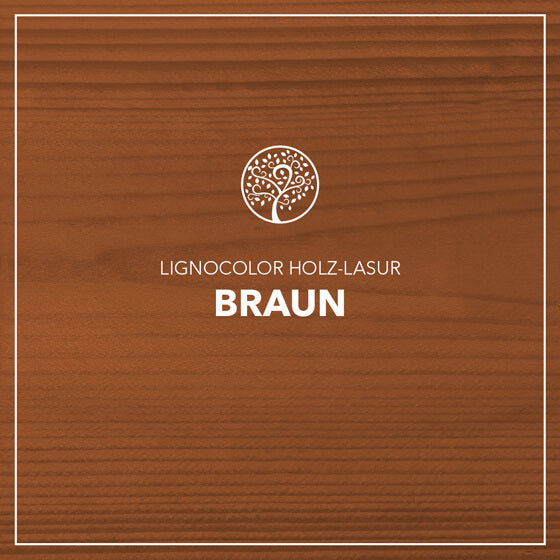 Holzlasur Braun gestrichen auf einem Holzbrett.