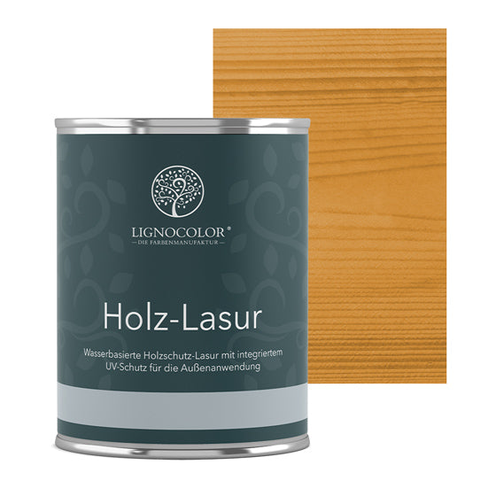 Holzlasur Buche hell Dose mit lasiertem Brett im Hintergrund.