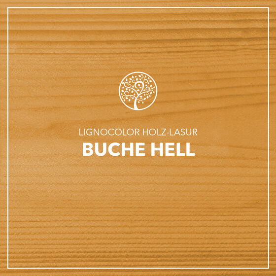 Holzlasur Buche hell gestrichen auf einem Holzbrett.
