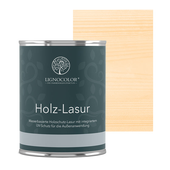 Holzlasur Creme Dose mit lasiertem Brett im Hintergrund.