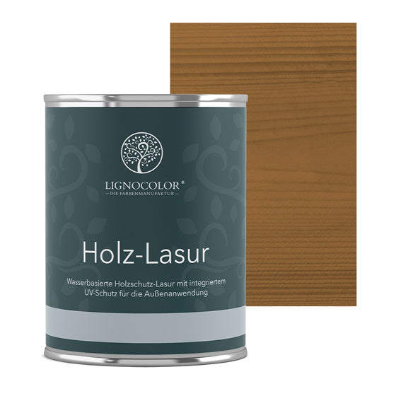 Holzlasur Eiche dunkel Dose mit lasiertem Brett im Hintergrund.