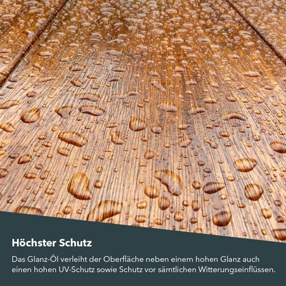 Mit Wassertropfen versehenes Holzbrett zur Darstellung der hohen Schutzfunktion des Glanz-Öls