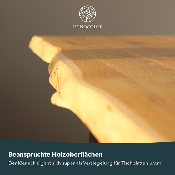 Anschnitt eines Holztisches, der mit Lignocolor Klarlack versiegelt wurde