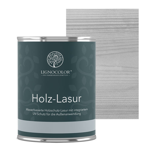 Holzlasur Lichtgrau Dose mit lasiertem Brett im Hintergrund.