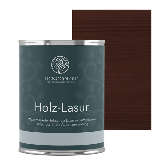 Holzlasur Mahagoni Dose mit lasiertem Brett im Hintergrund.