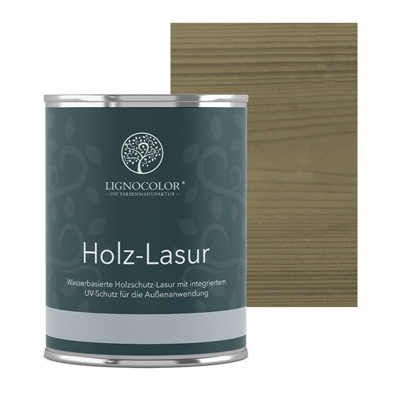 Holzlasur Olivgrau Dose mit lasiertem Brett im Hintergrund.