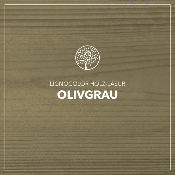 Holzlasur Olivgrau gestrichen auf einem Holzbrett.