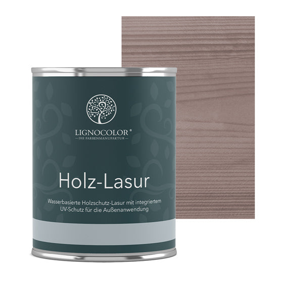 Holzlasur Platingrau Dose mit lasiertem Brett im Hintergrund.