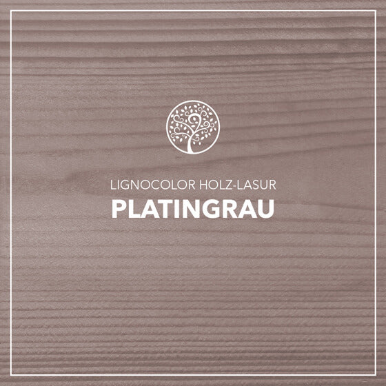 Holzlasur Platingrau gestrichen auf einem Holzbrett.