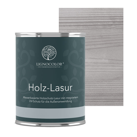 Holzlasur Silbergrau Dose mit lasiertem Brett im Hintergrund.