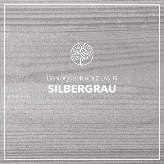 Holzlasur Silbergrau gestrichen auf einem Holzbrett.
