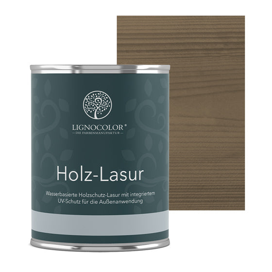 Holzlasur Steingrau Dose mit lasiertem Brett im Hintergrund.