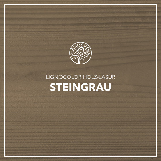 Holzlasur Steingrau gestrichen auf einem Holzbrett.